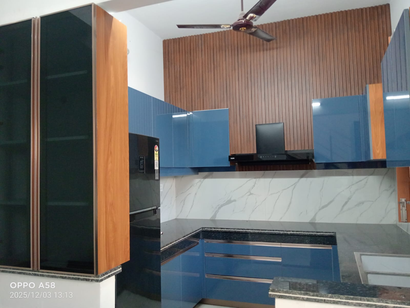 Blue Gloss Kitchen with Wood Accents