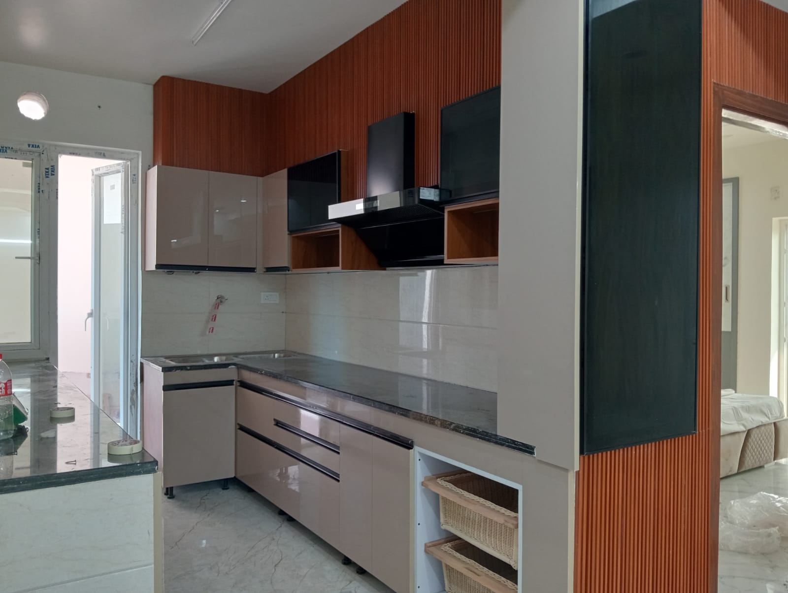 Beige Modular Kitchen with Open Storage