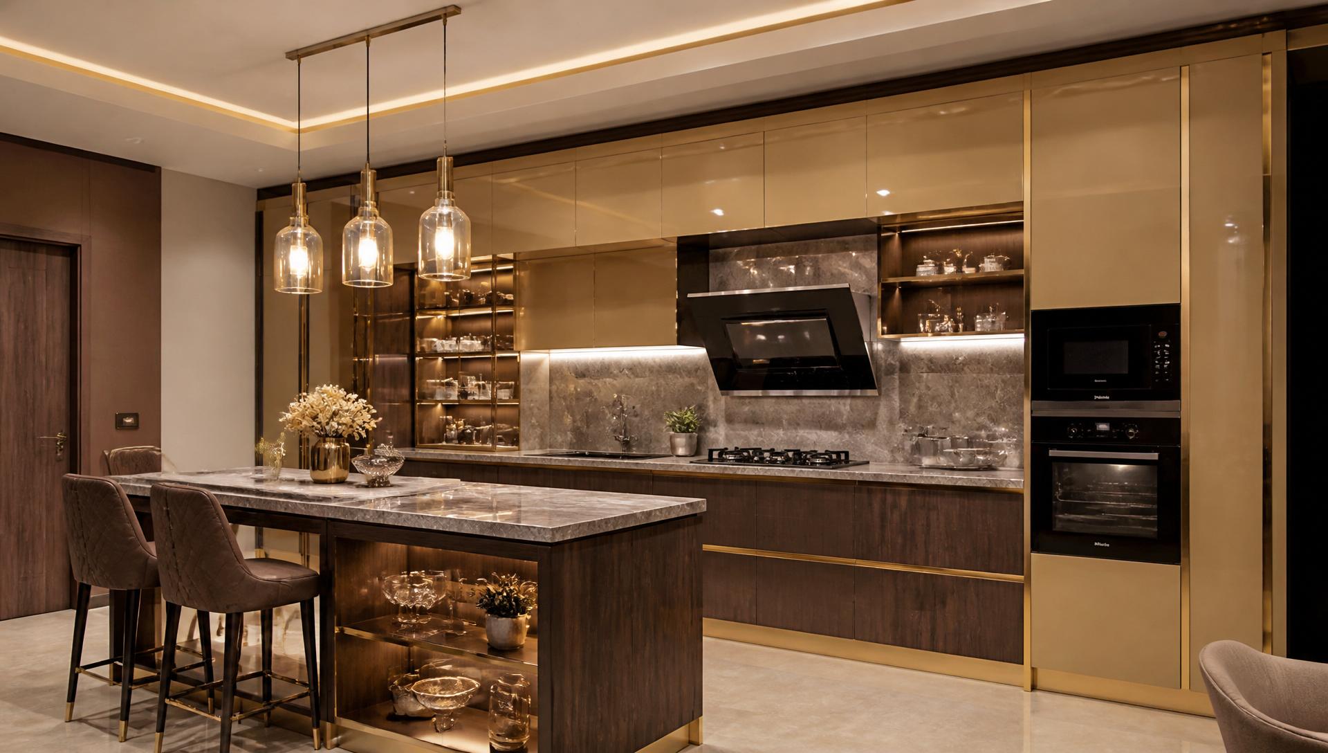 Luxury modular kitchen with gold and dark wood finish