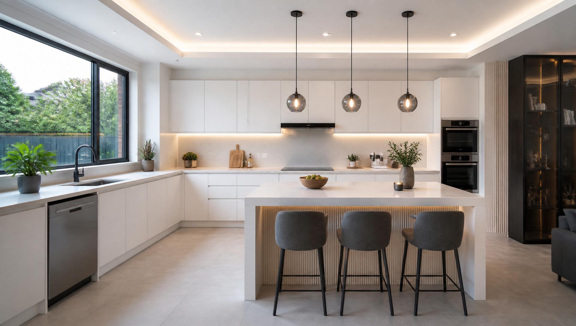 Modern white handleless U-shape kitchen with island