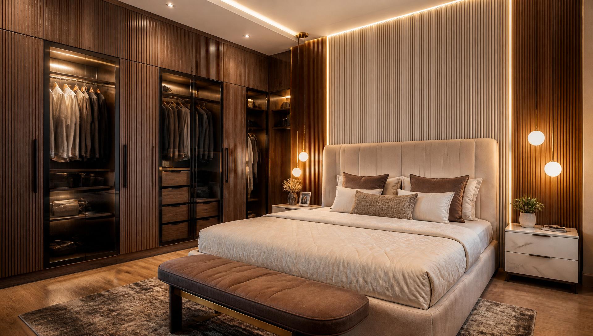 Luxurious master bedroom with wall-to-wall wardrobe